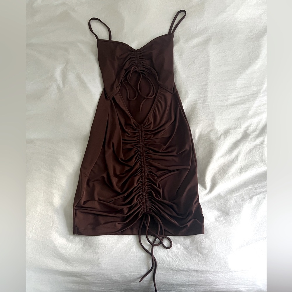 Boutique Ruched Mini Dress Open Front w/ Two Ties